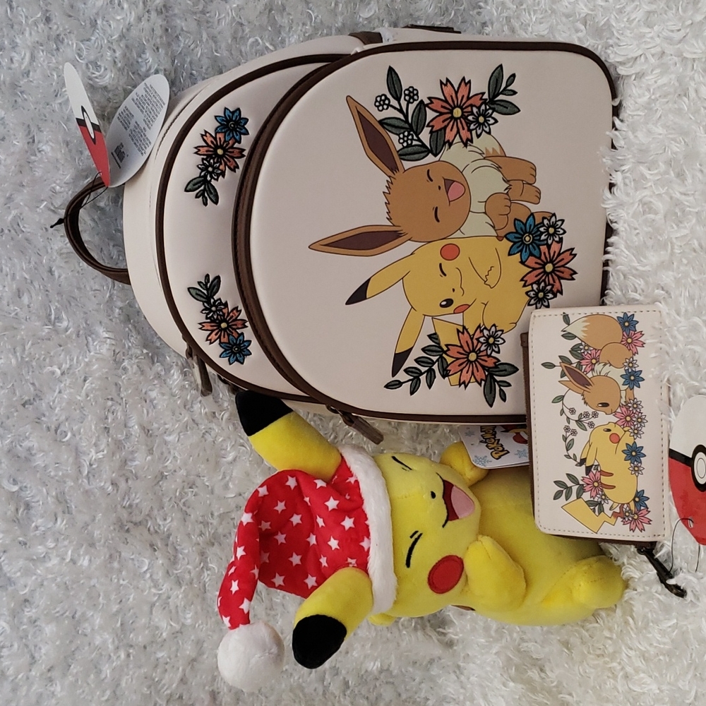 Loungefly Pokemon Pikachu Eevee mini backpack, Coin wallet and plush 8"